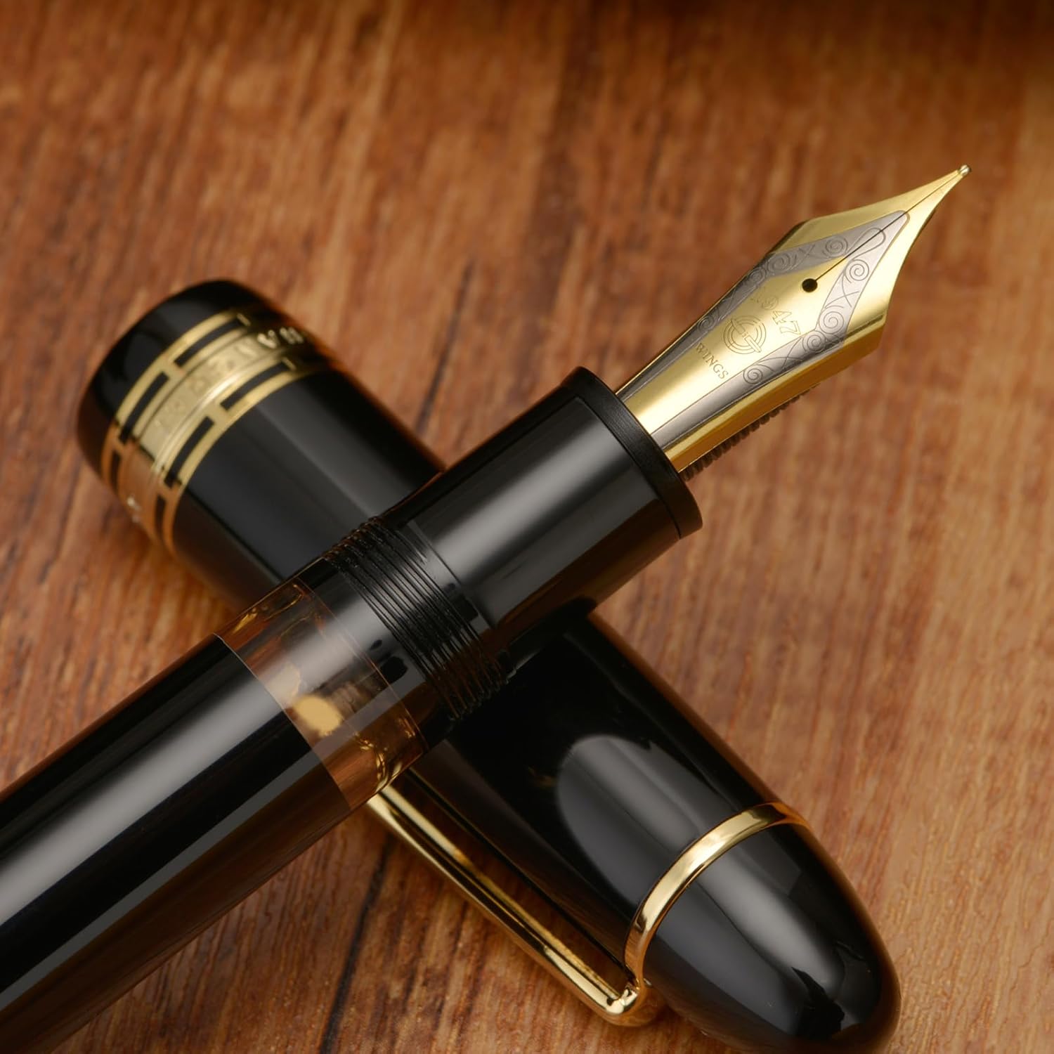 Wing Sung Junlai 630 Acrylic Fountain Pen – #8 Fine Nib, Piston Filling System, Piano Black / Maroon / Blue-Green(Transparent Ink Tank, Gold Trim)