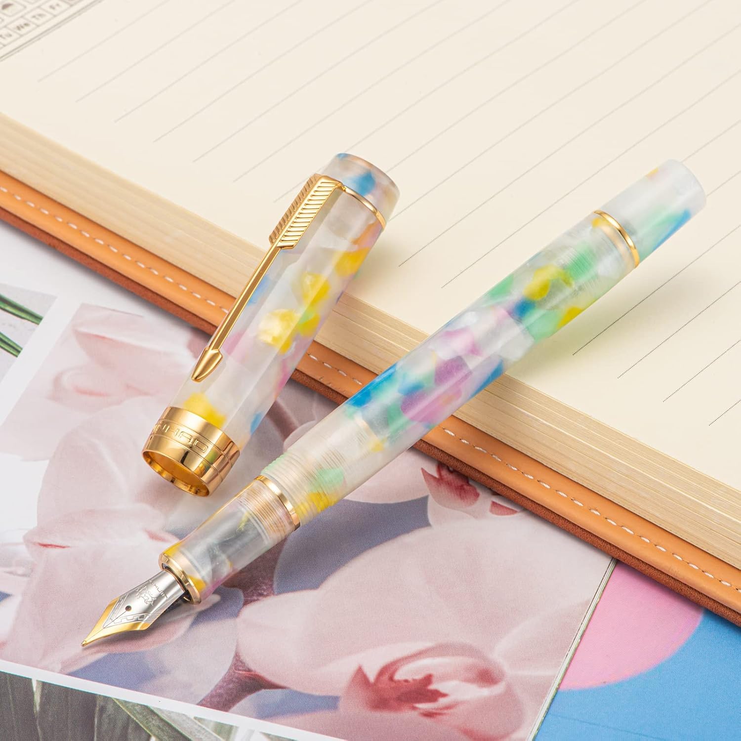 Jinhao 100 Mini Fountain Pen Fine Nib with Converter, Celluloid Marble Acrylic Body, Gold Arrow Clip – Rainbow