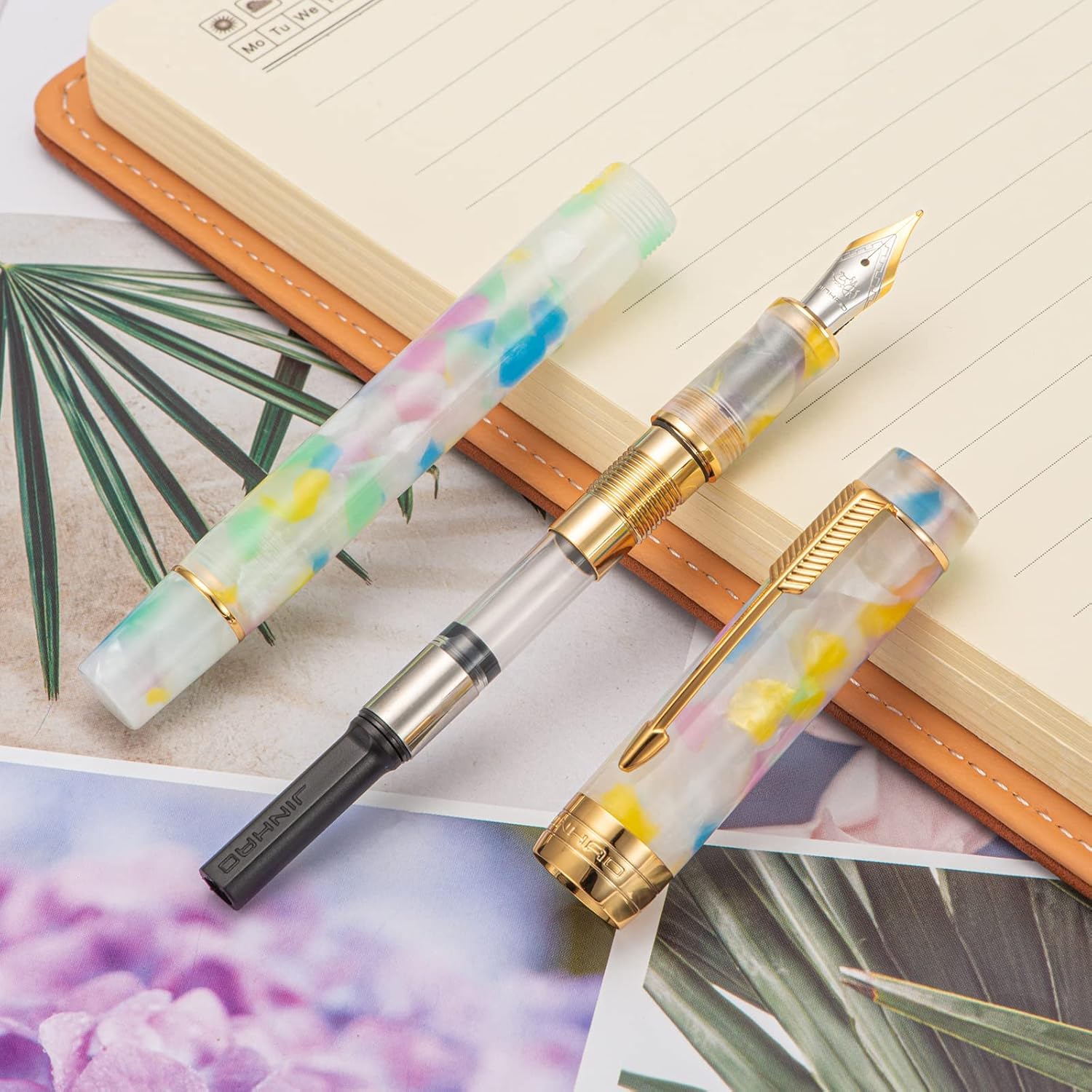 Jinhao 100 Mini Fountain Pen Fine Nib with Converter, Celluloid Marble Acrylic Body, Gold Arrow Clip – Rainbow