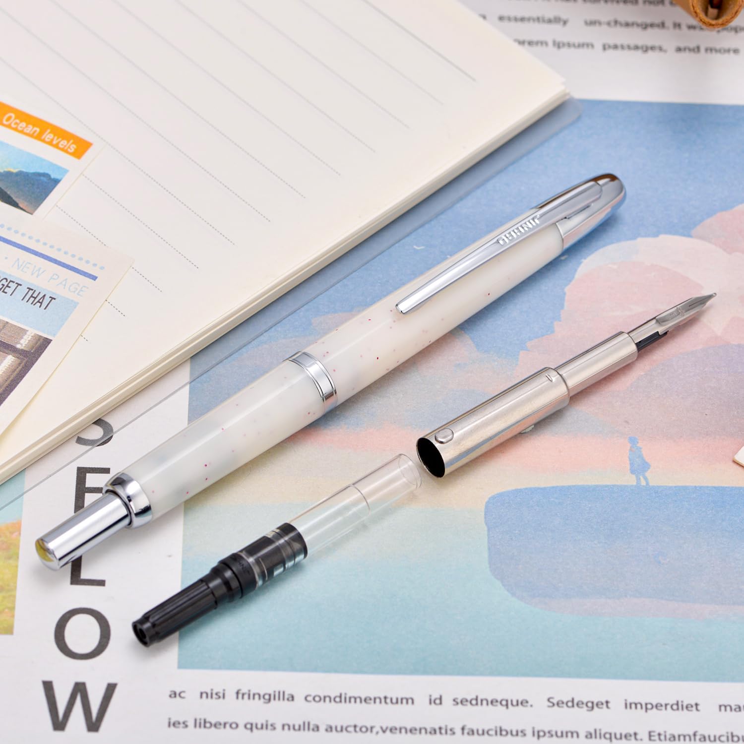 Jinhao 20 Retractable Fountain Pen – Winter Snow- Plastic Body(Silver clip) – Fine Nib with Converter – Smooth Writing Daily Pen