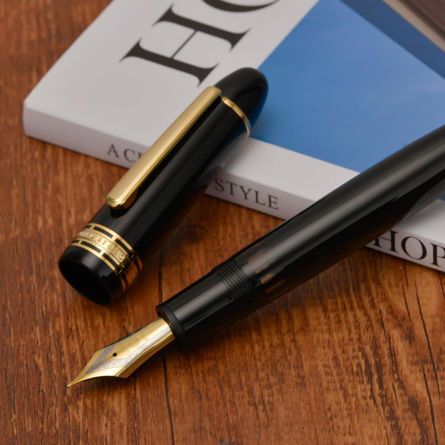 Wing Sung 630 Resin Fountain Pen – Fine Nib (#8), Piston Filling System With Transparent Fence Ink Tank, Indigo Blue / Piano Black / Wine Red (Gold Trim)