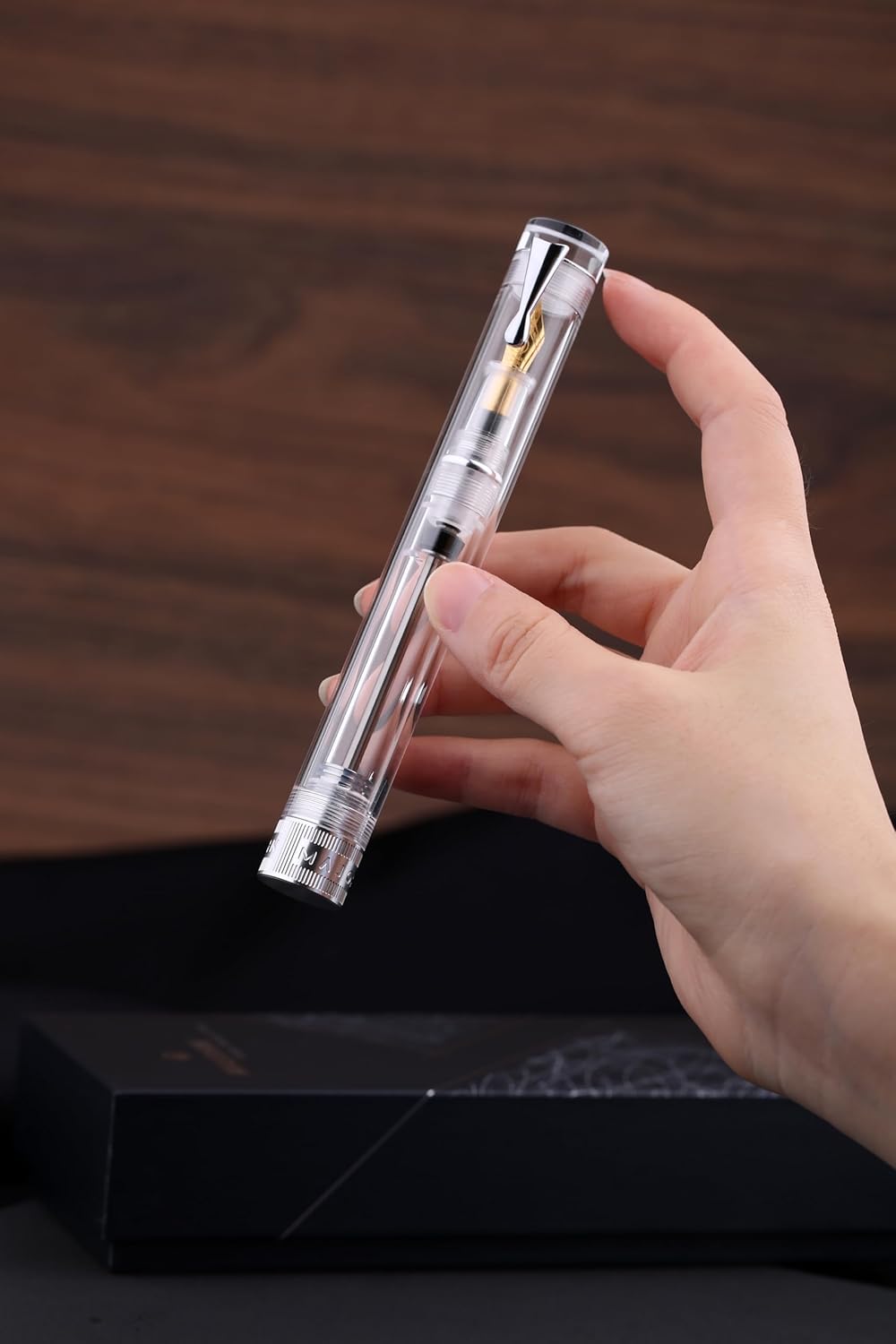 Moonman V1 Vacuum Filling Fountain Pen Extra Fine Nib, Transparent Acrylic Demonstration Writing Gift Pen with Box (Silver Clip)