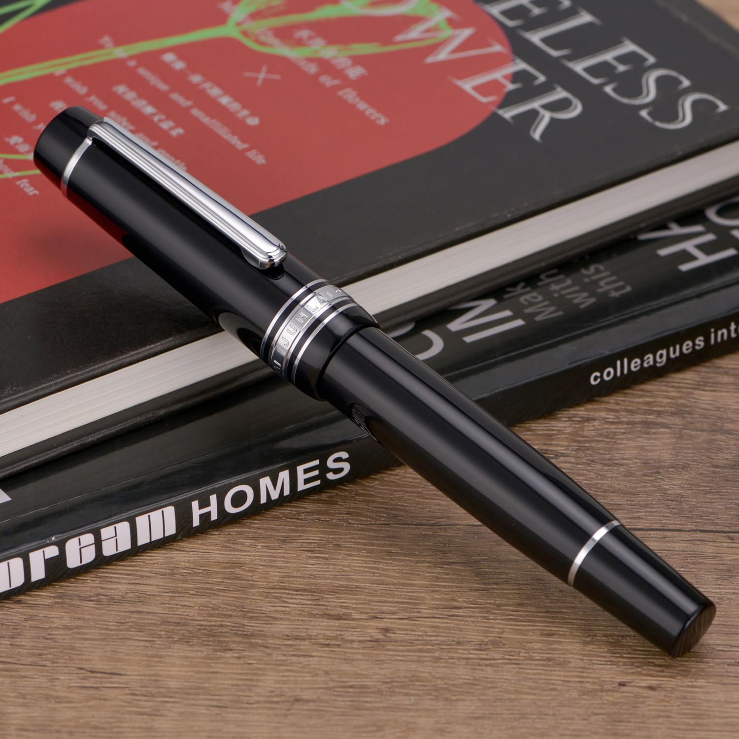 WingSung Junlai 930 Acrylic Fountain Pen – Flat Top Design with Piston Filling System, Size #9 Iridium Nib in Fine, Medium & Broad – Piano Black Fence Ink Tank with Silver Trim (No Ink)