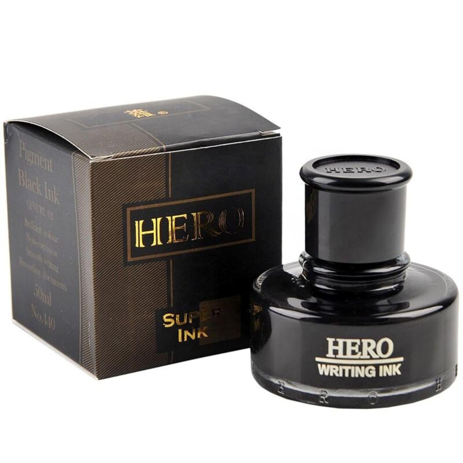 Hero 440 Fountain Pen 50ml Ink – Pure Black, Non-Carbon, Quick-Drying, Non-Blocking Ink for Fountain Pens, Calligraphy & Office Use