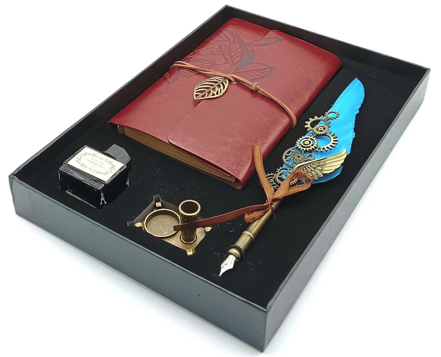 Feather Pen Ink Set – Quill Dip Pen with Leather Notebook, Ink Bottle & Pen Holder, Antique Calligraphy Stationery Gift (Sky Blue / Green)