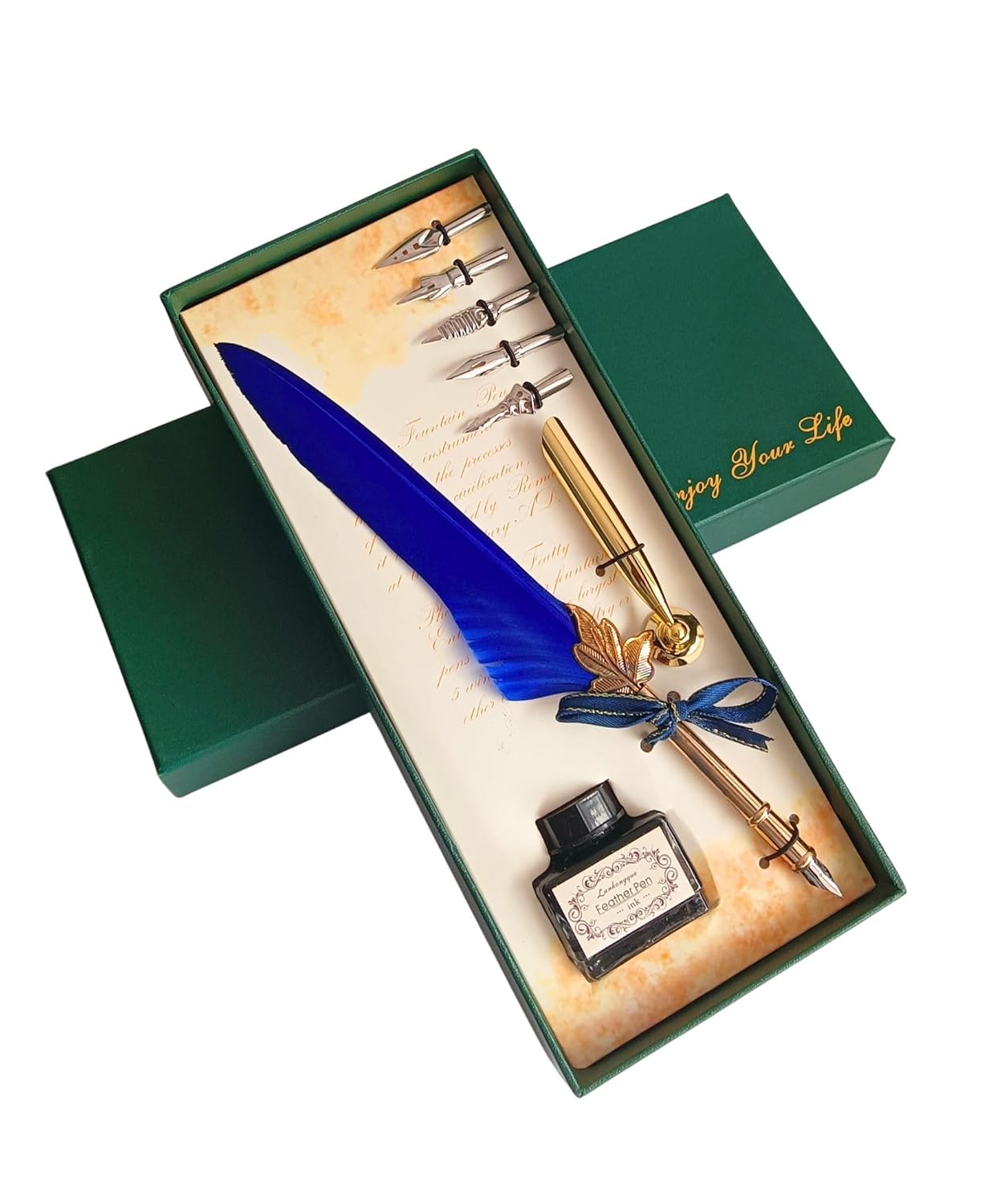 Feather Quill Pen and Ink Set – Antique Calligraphy Dip Pen with 5 Extra Nibs, Vintage Writing & Calligraphy Set