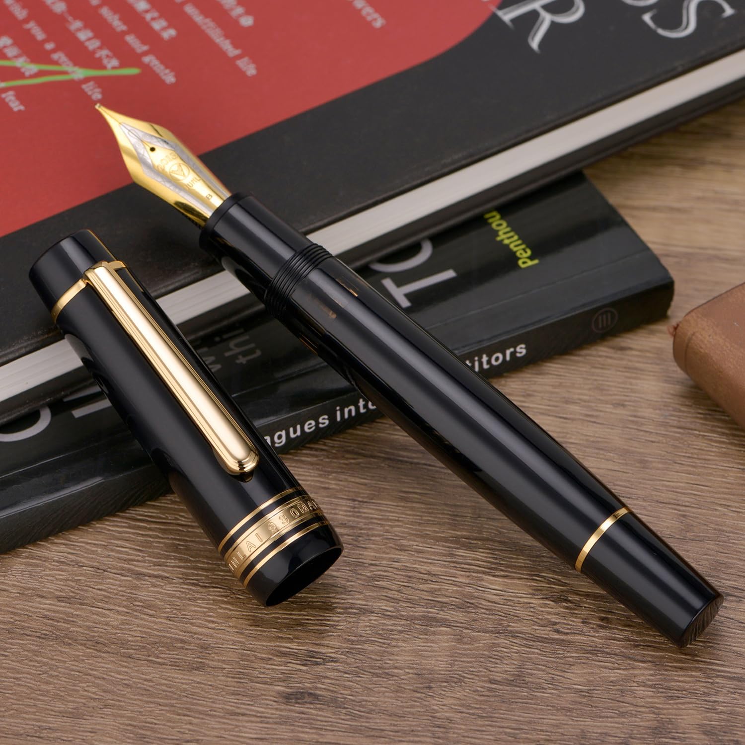 WingSung Junlai 930 Acrylic Fountain Pen – Flat Top Design with Piston Filling System, Size #9 Iridium Nib in Fine, Medium & Broad – Piano Black Fence Ink Tank with Gold Trim (No Ink)