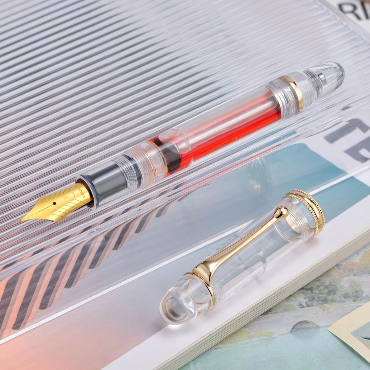 Asvine V800 Clear Demonstrator Vacuum Filling Fountain Pen, Size 8 Nib, Gold Trim