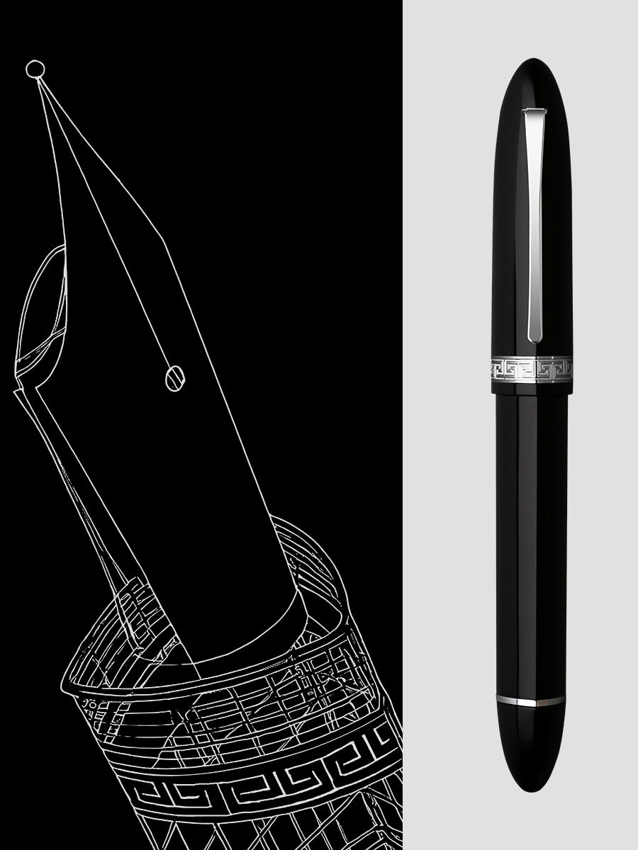 Moonman V60 Triangular Piston Fountain Pen – Ergonomic Fine Writing Instrument with Resin Body And Gift Box (Black With Silver Trim & Clip)
