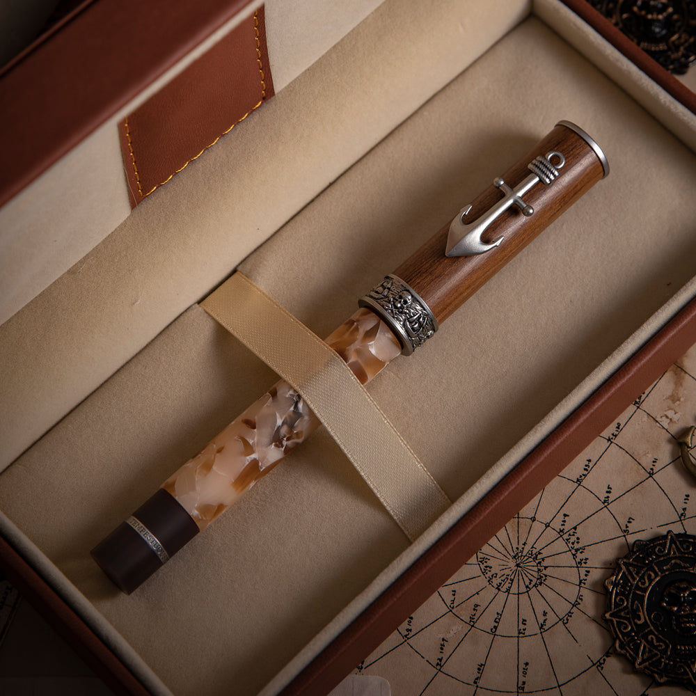NATAMI Tidebreaker Piston Filling Fountain Pen – Premium Resin & Wood Barrel with Anchor Clip, Fine Nib Luxury Writing Pen for Journaling, Office & Business