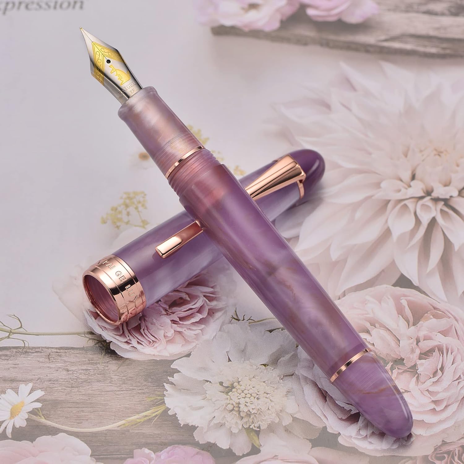Kaigelu 356 Acrylic Fountain Pen with Rabbit Engraved Extra Fine Nib, Purple Marbled Body, Rose Gold Trim & Ink Converter