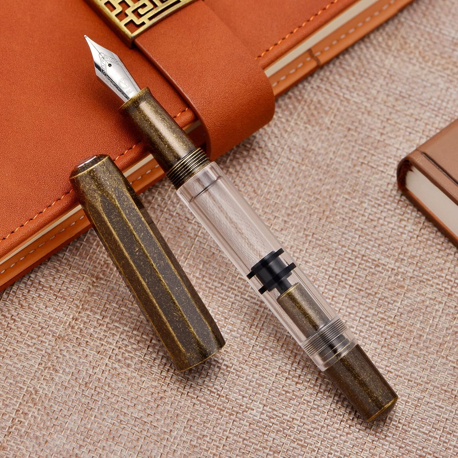 Moonman T1 Fountain Pen – Vintage Brass & Clear Body, Fine Nib, Piston Filling System, Clipless Design