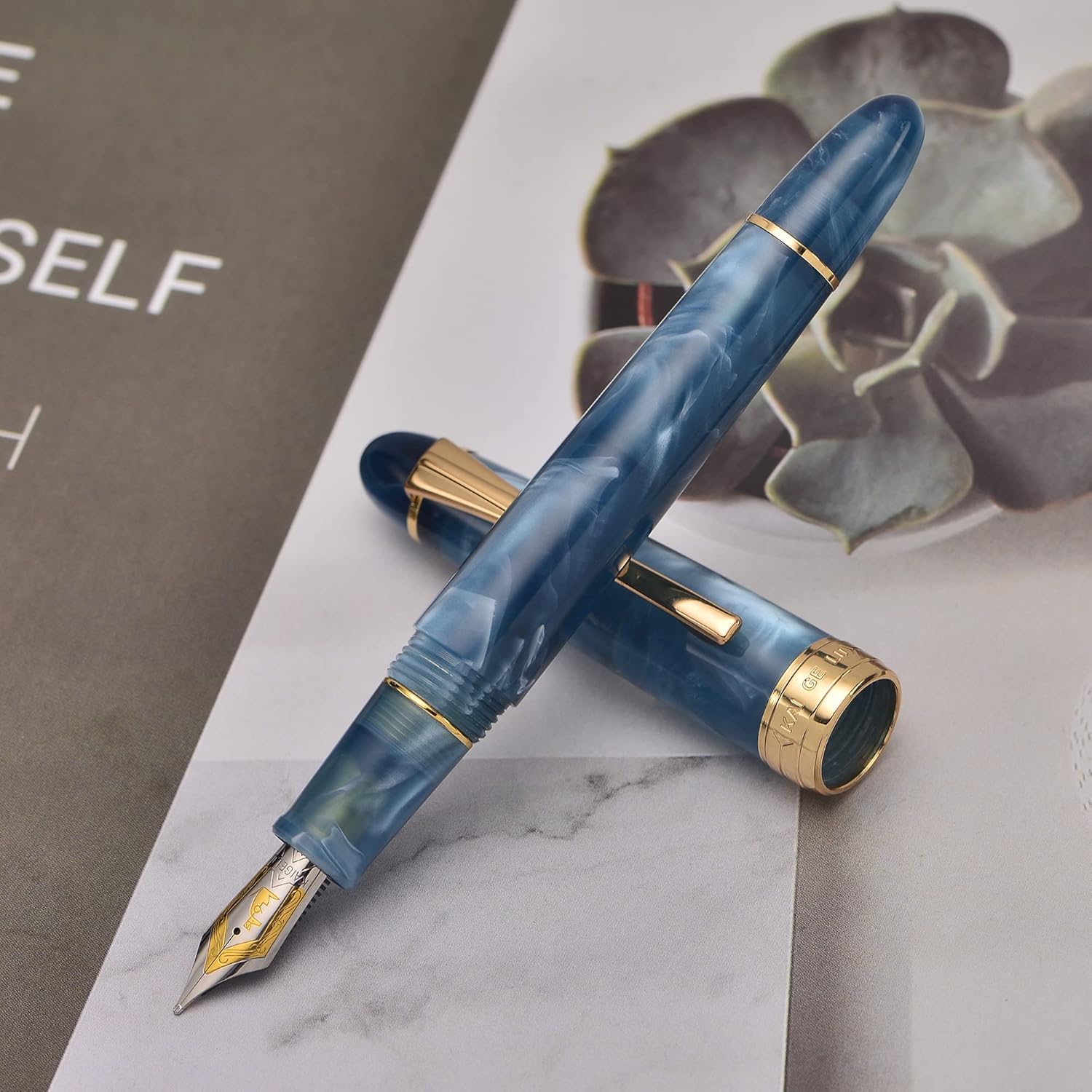 Kaigelu 356 Acrylic Fountain Pen with Iridium Nib, Blue White Marbled Resin Body, Gold Trim & Ink Converter
