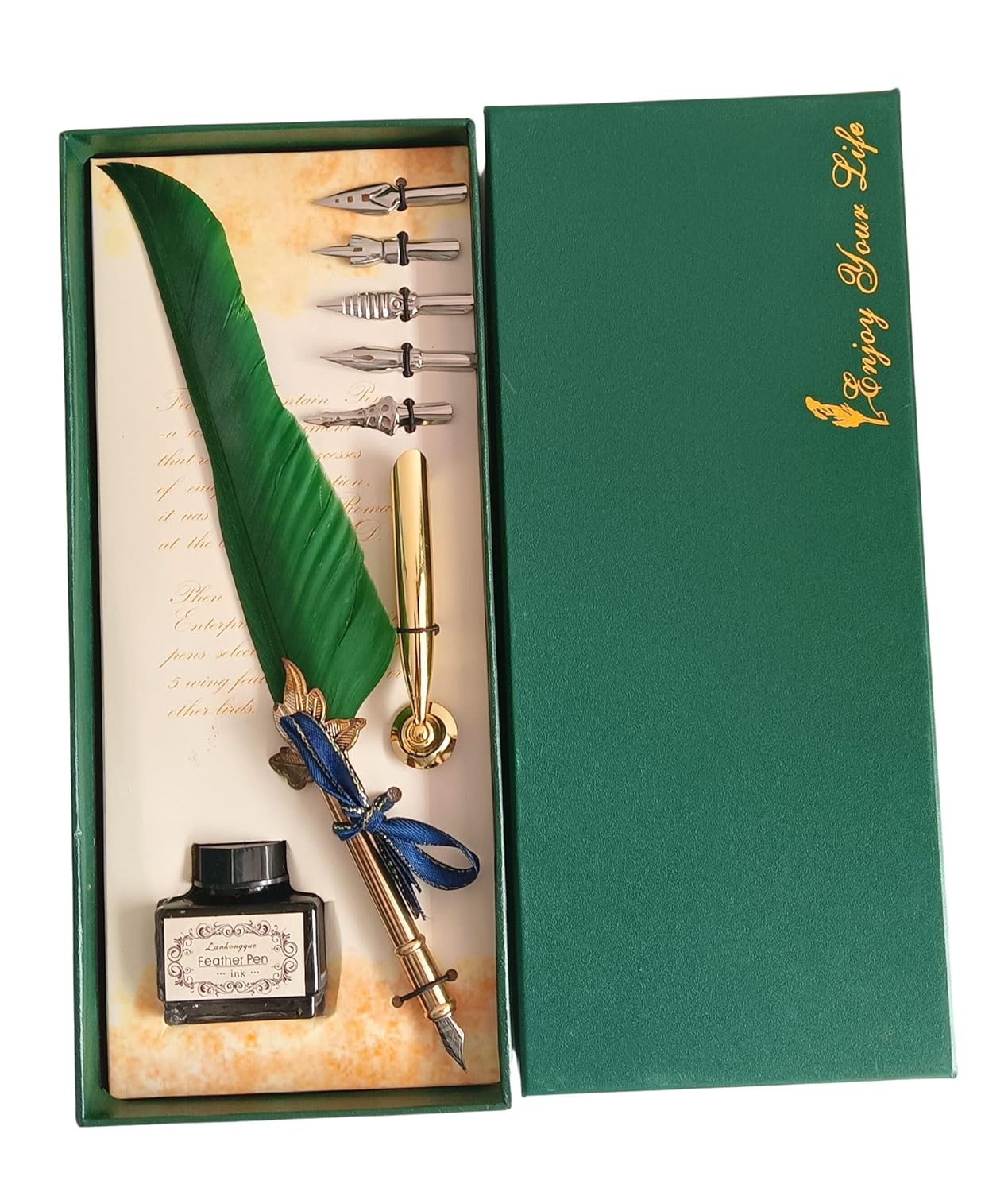 Feather Quill Pen and Ink Set – Antique Calligraphy Dip Pen with 5 Extra Nibs, Vintage Writing & Calligraphy Set