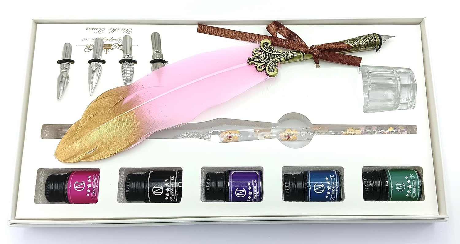 Feather & Crystal Glass Dip Pen Set with 5 Color Inks, Feather Pen, 4 Extra Nibs, Pen Holder, and Ink Cup – Calligraphy Writing & Creative Art Set