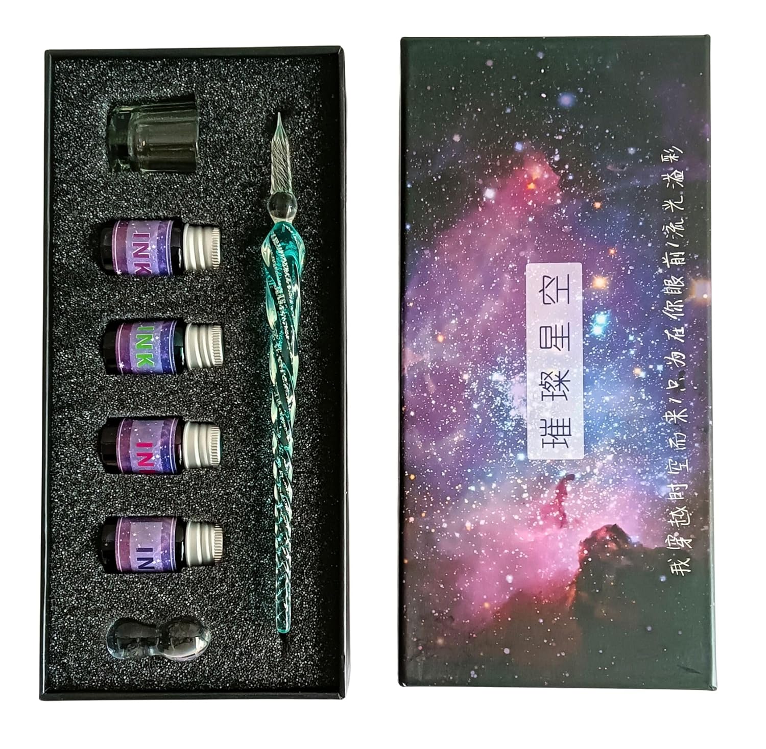 Glass Dip Pen Ink Set – Multicolor Calligraphy Glass Pen with 4 Colored Inks, Pen Holder & Cleansing Cup for Writing, Drawing & Gifting