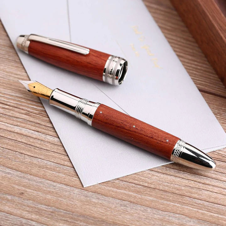 Moonman M1000 Handmade Rosewood Fountain Pen with Fine Bock Nib & Rivet Pearl Cap Top – Luxury Wooden Fountain Pen