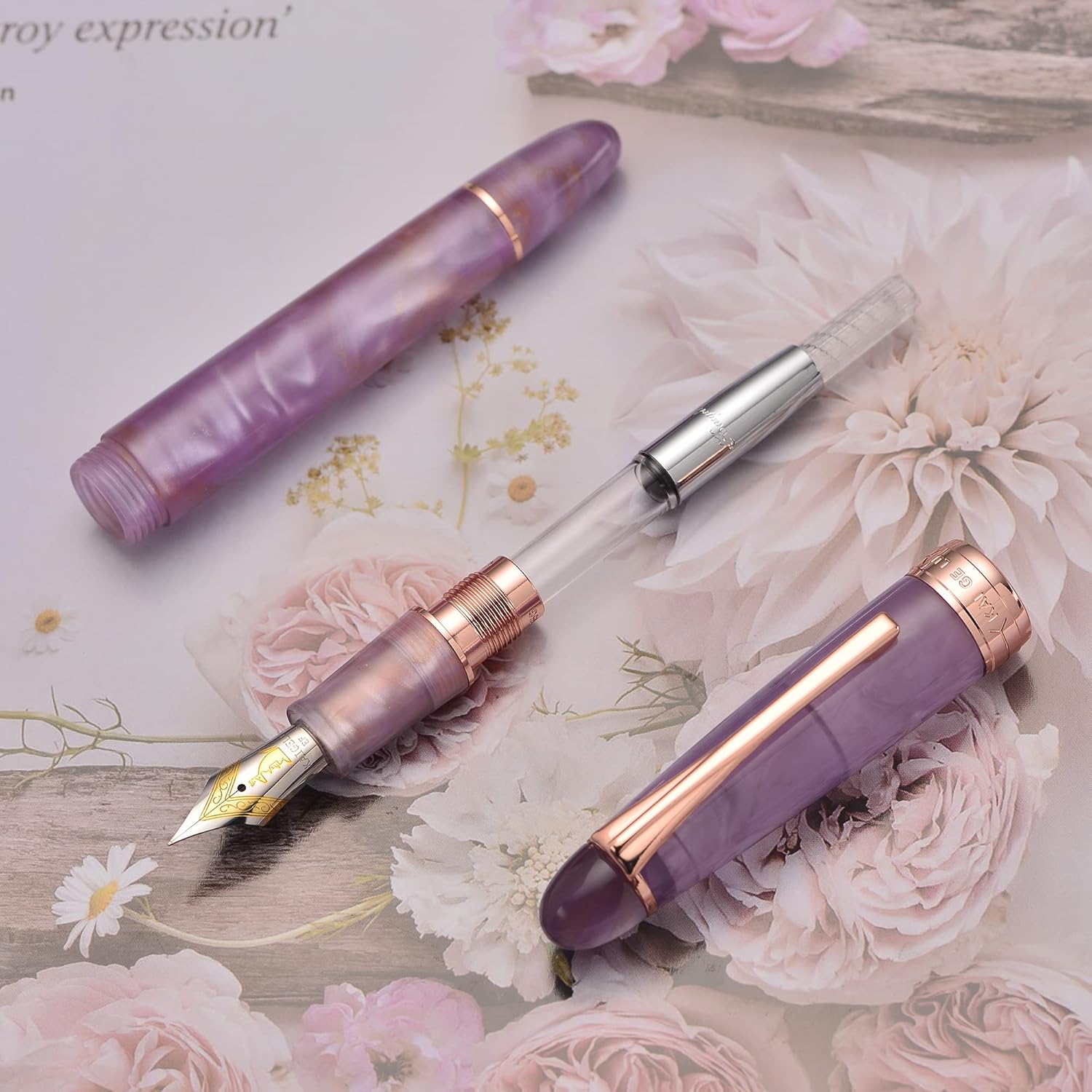Kaigelu 356 Acrylic Fountain Pen with Rabbit Engraved Extra Fine Nib, Purple Marbled Body, Rose Gold Trim & Ink Converter