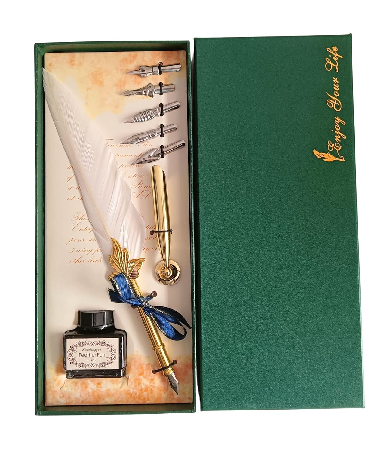 Feather Quill Pen and Ink Set – Antique Calligraphy Dip Pen with 5 Extra Nibs, Vintage Writing & Calligraphy Set