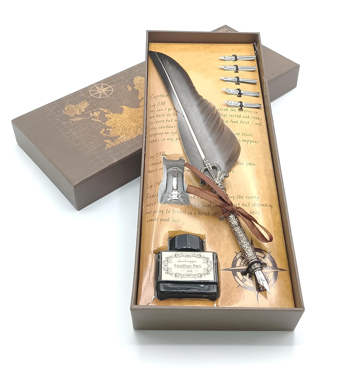 Quill Feather Pen Calligraphy Set – Antique Dip Quill Fountain Pen with 5 Replacement Nibs, 15ml Ink Bottle, Pen Holder & Writing Accessories – Vintage Stationery Gift Box (Grey / Red / Violet / Light Green / Blue)