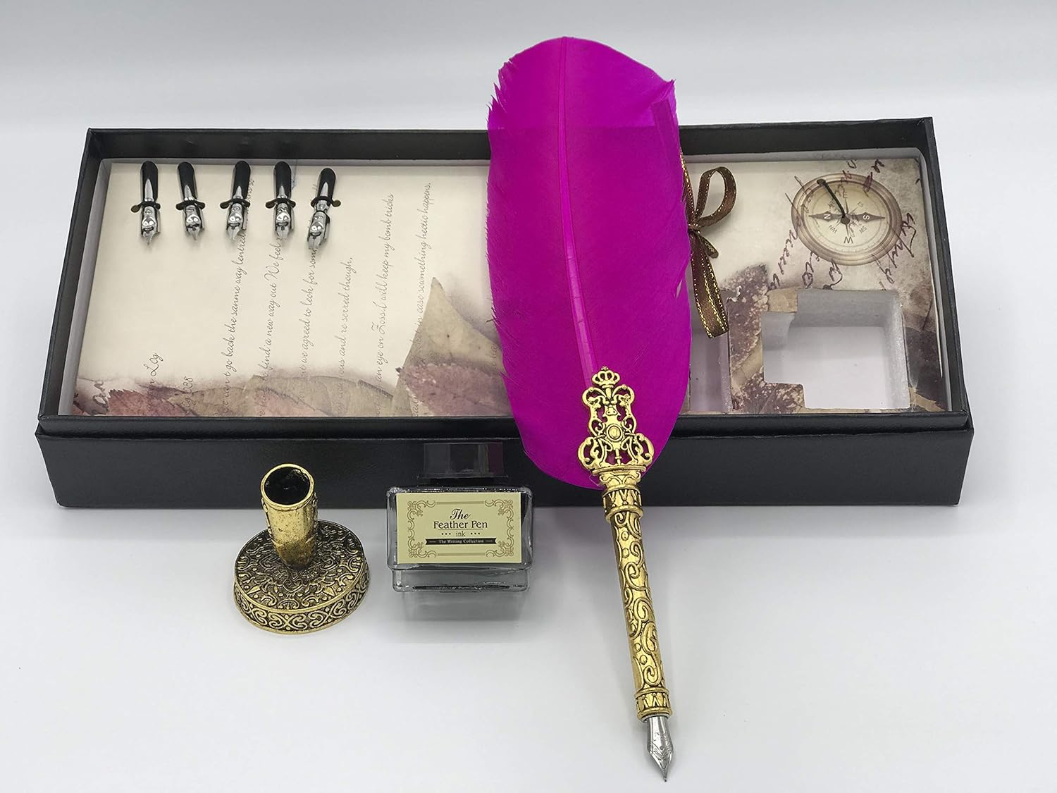 Antique Dip Feather Pen Set – Vintage Calligraphy Quill with 5 Nibs, Ink & Pen Stand (Dark Pink)