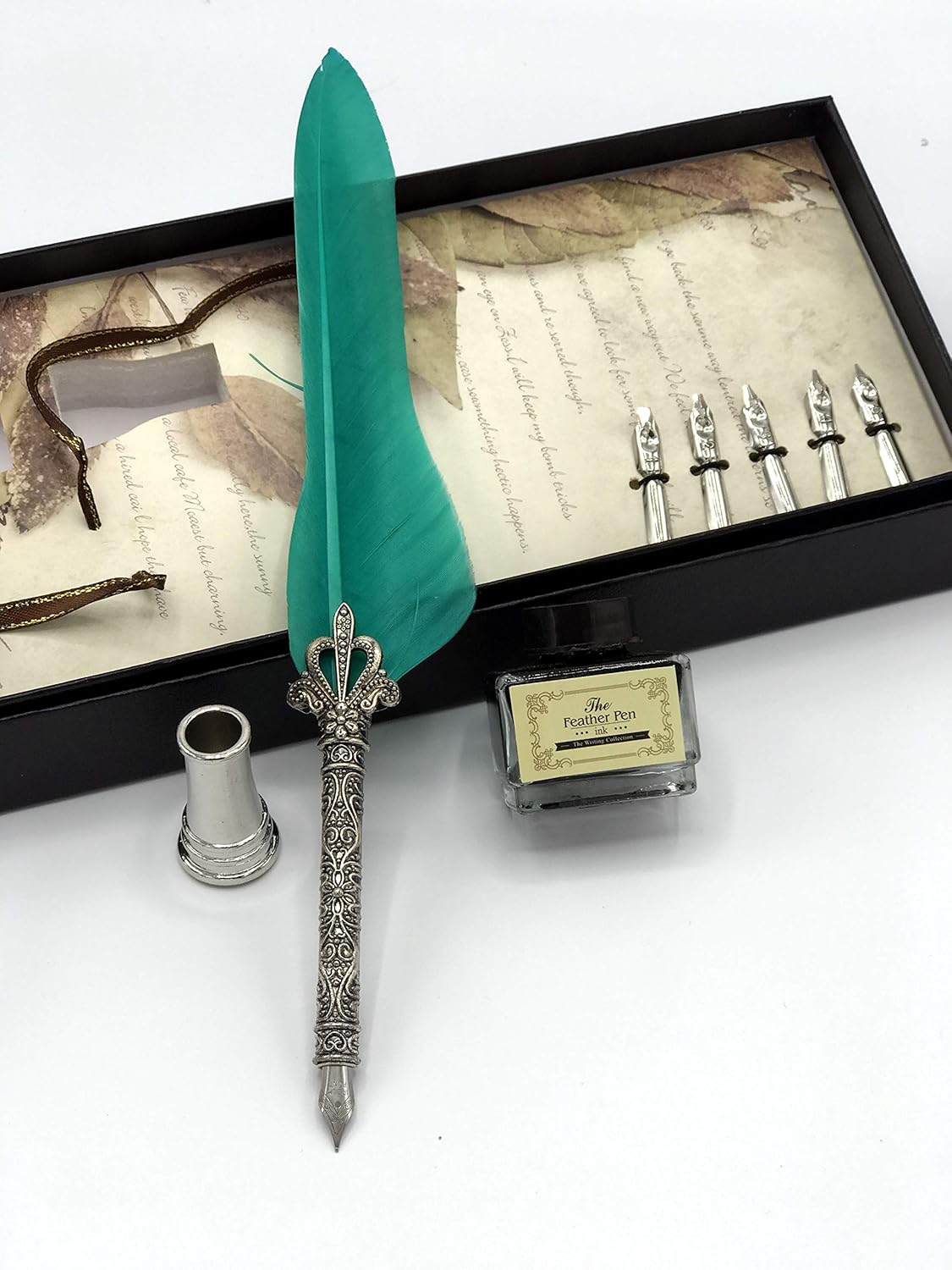 Quill Feather Pen Calligraphy Set – Antique Dip Quill Fountain Pen with 5 Replacement Nibs, 15ml Ink Bottle, Pen Holder & Writing Accessories – Vintage Stationery Gift Box (Grey / Red / Violet / Light Green / Blue)