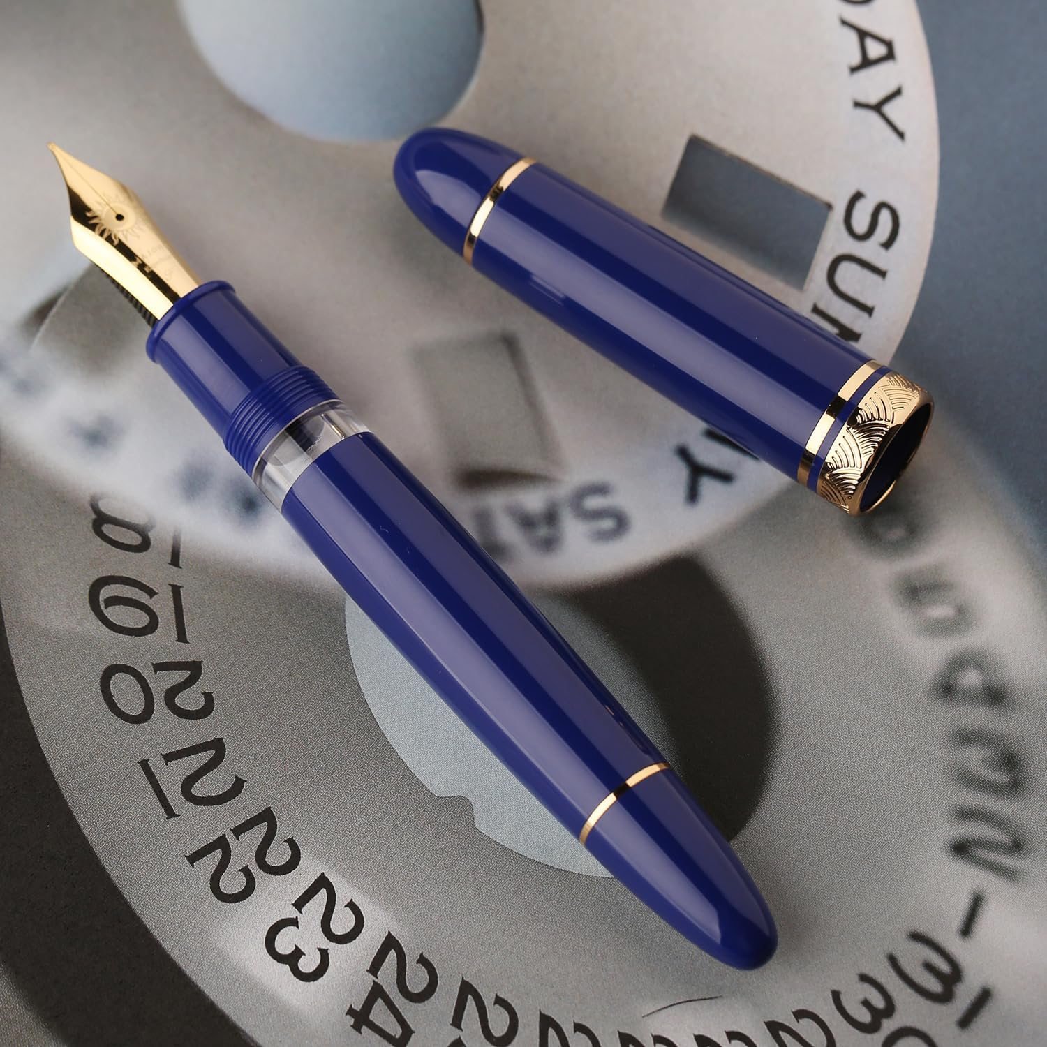 Moonman P140 Piston Fountain Pen – Blue Resin | Size #8 Fine/Medium Nib | Brass Piston System | Box