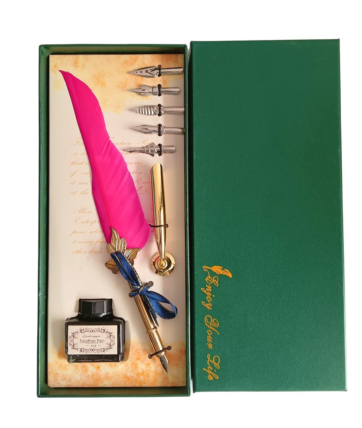 Feather Quill Pen and Ink Set – Antique Calligraphy Dip Pen with 5 Extra Nibs, Vintage Writing & Calligraphy Set