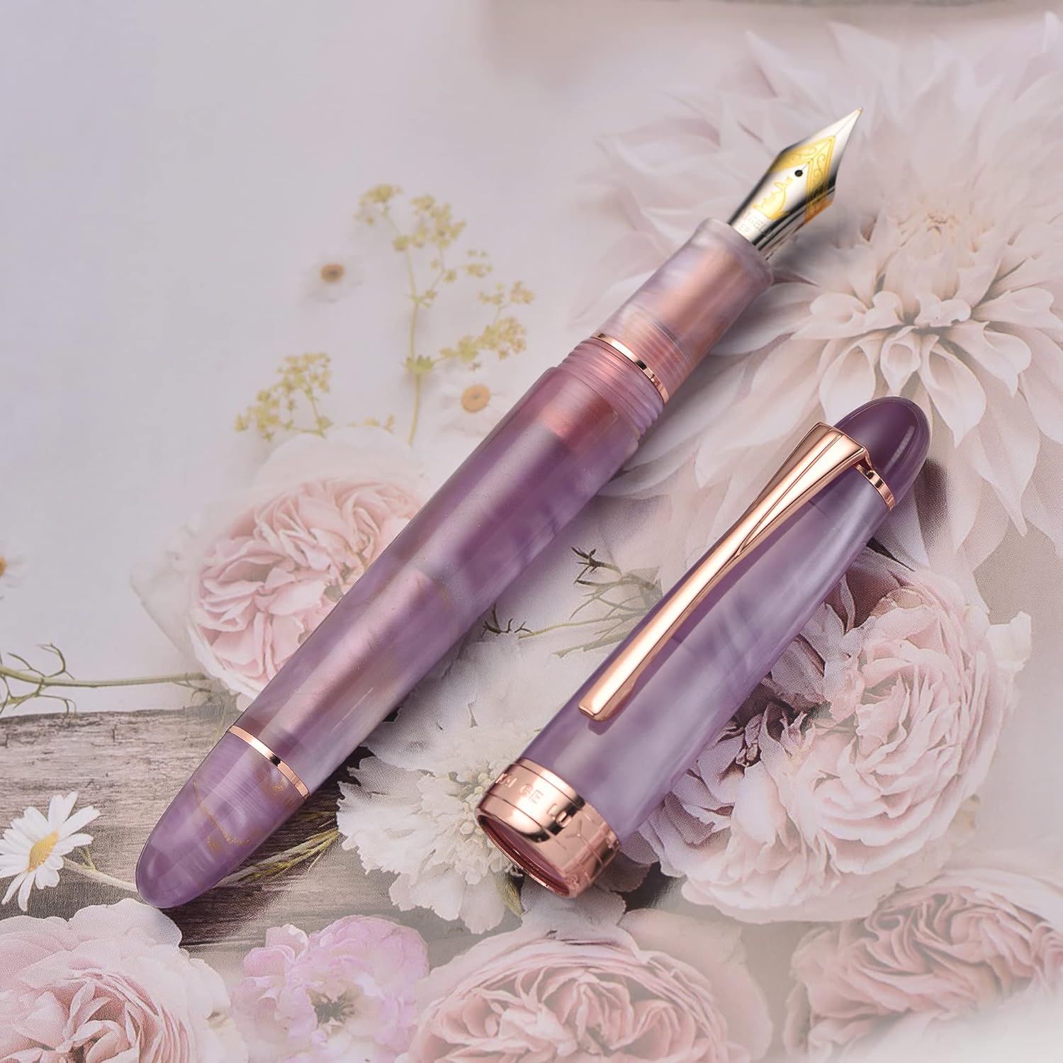 Kaigelu 356 Acrylic Fountain Pen with Rabbit Engraved Extra Fine Nib, Purple Marbled Body, Rose Gold Trim & Ink Converter