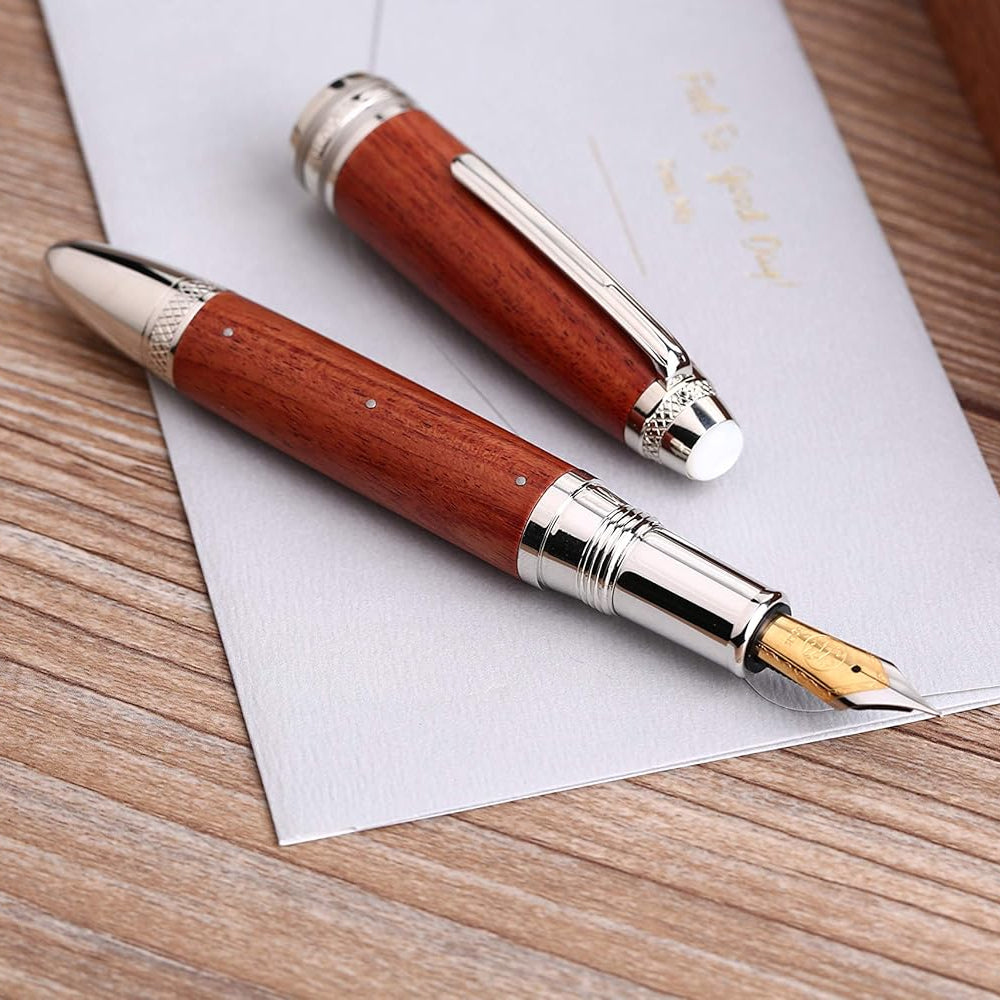 Moonman M1000 Handmade Rosewood Fountain Pen with Fine Bock Nib & Rivet Pearl Cap Top – Luxury Wooden Fountain Pen