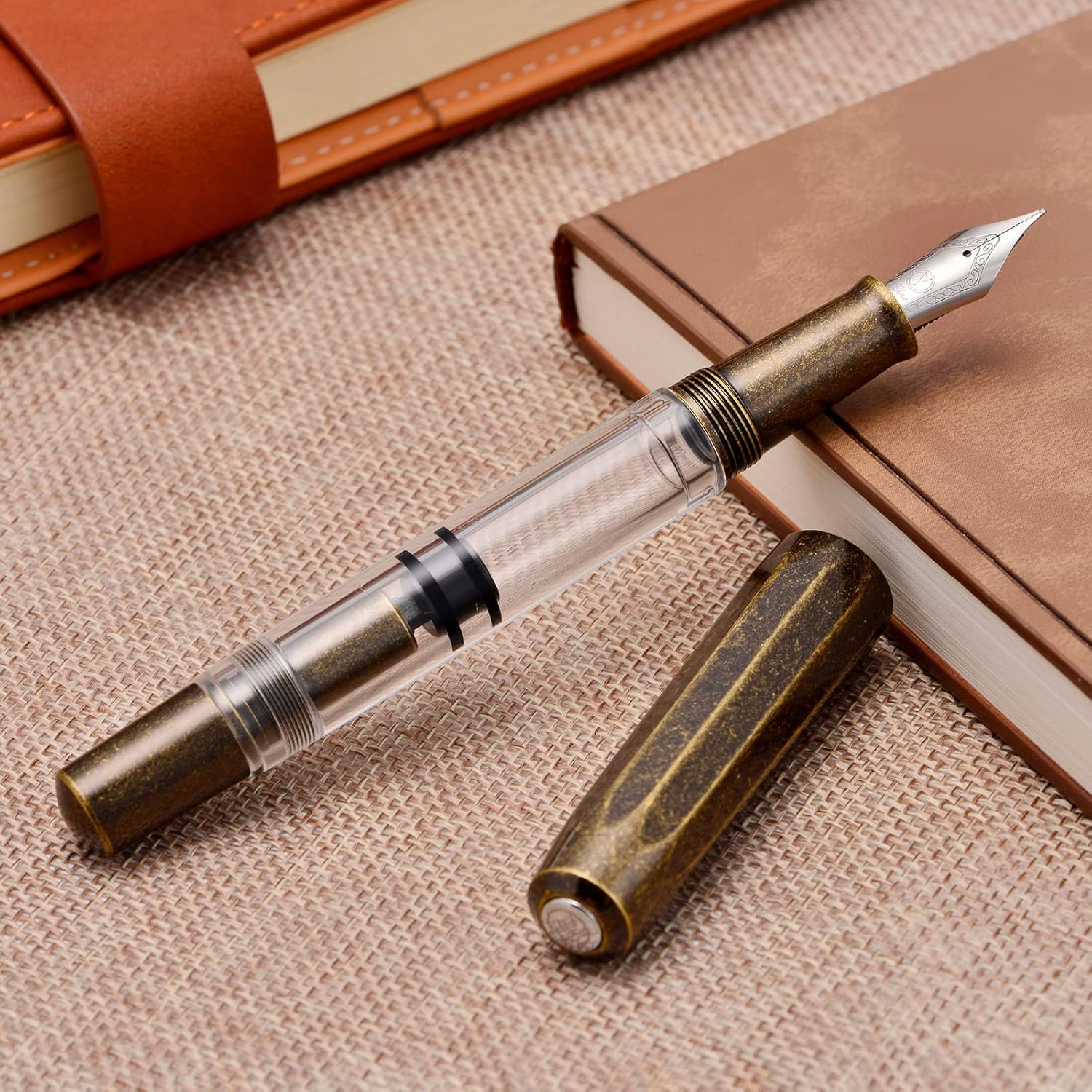 Moonman T1 Fountain Pen – Vintage Brass & Clear Body, Fine Nib, Piston Filling System, Clipless Design