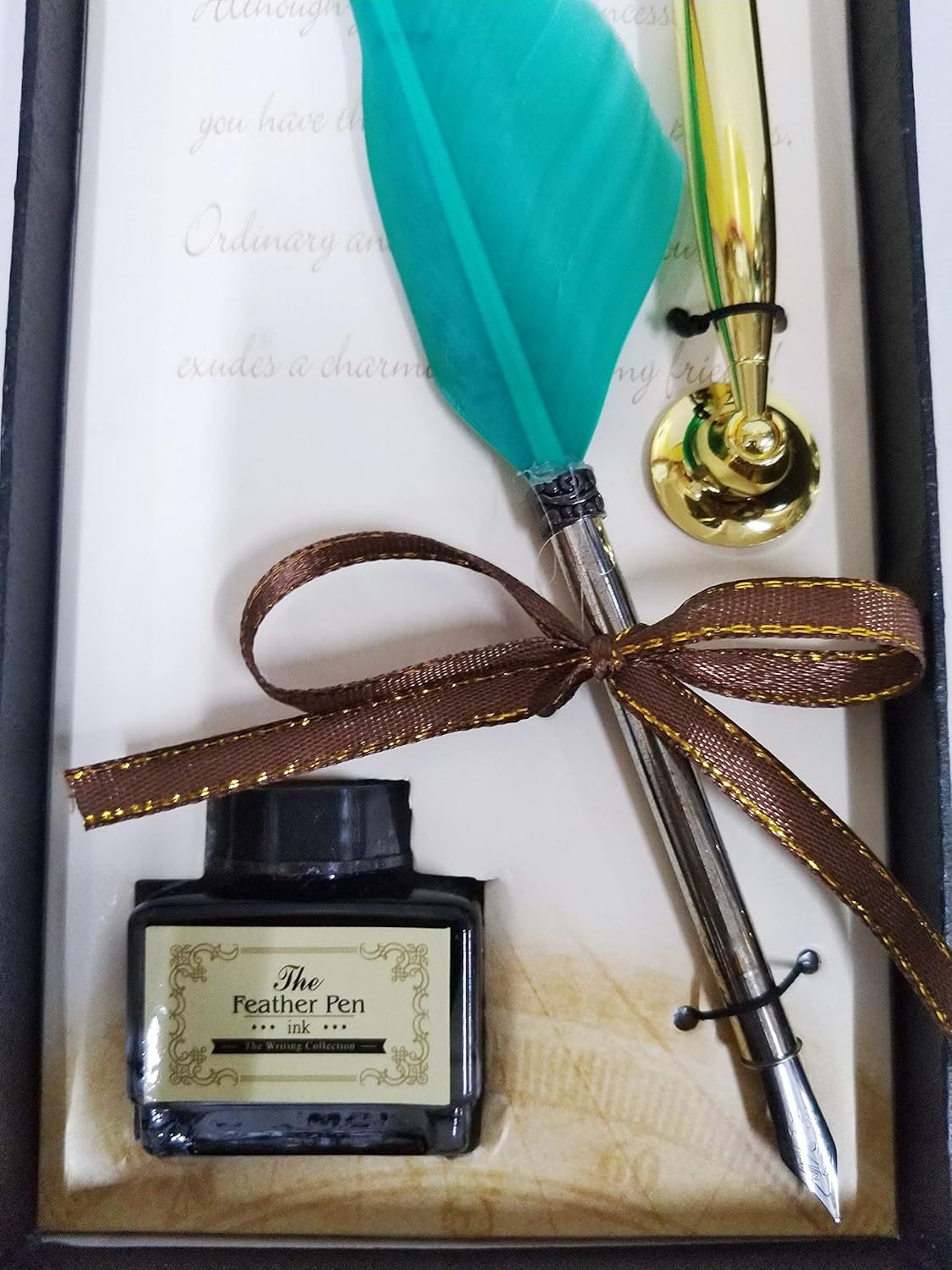 Calligraphy Feather Dip Quill Pen Writing Ink Set – Antique Feather Pen with 5 Nibs, Ink Bottle & Pen Holder – Elegant Stationery Gift Box (Green / Violet / Black)