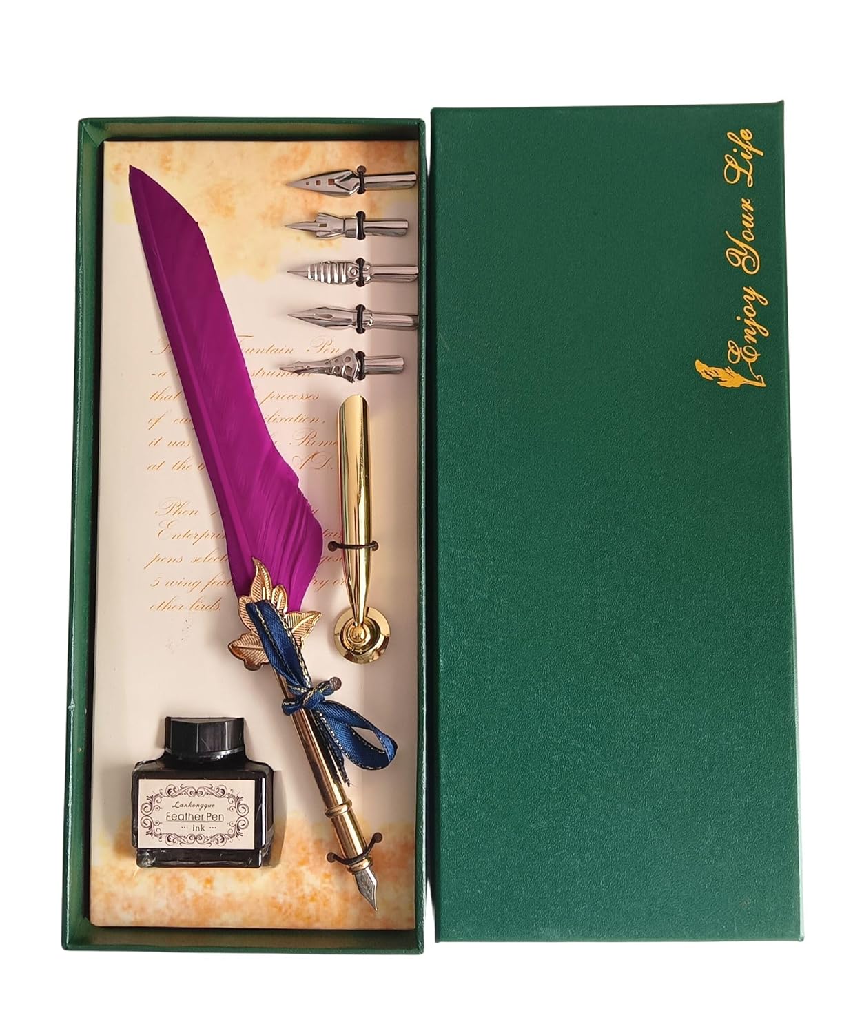 Feather Quill Pen and Ink Set – Antique Calligraphy Dip Pen with 5 Extra Nibs, Vintage Writing & Calligraphy Set