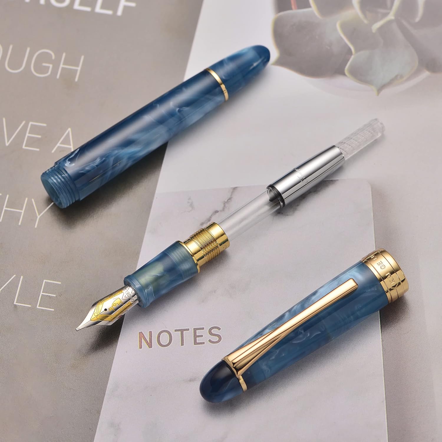 Kaigelu 356 Acrylic Fountain Pen with Iridium Nib, Blue White Marbled Resin Body, Gold Trim & Ink Converter