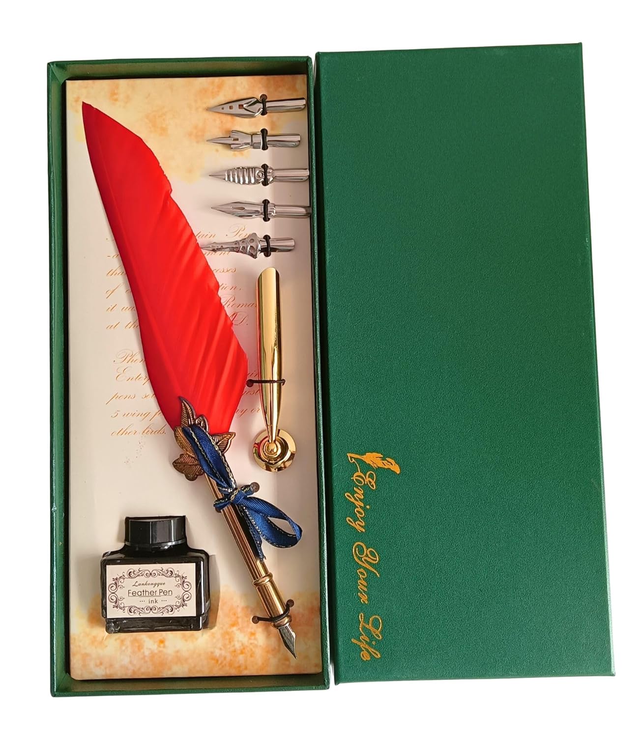 Feather Quill Pen and Ink Set – Antique Calligraphy Dip Pen with 5 Extra Nibs, Vintage Writing & Calligraphy Set