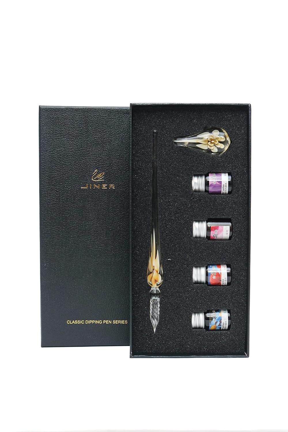 Glass Dip Pen Set – Multicolor Flower Design Glass Pen with 4 Mini Ink Bottle, Pen Holder With Flower Design & Gift Box