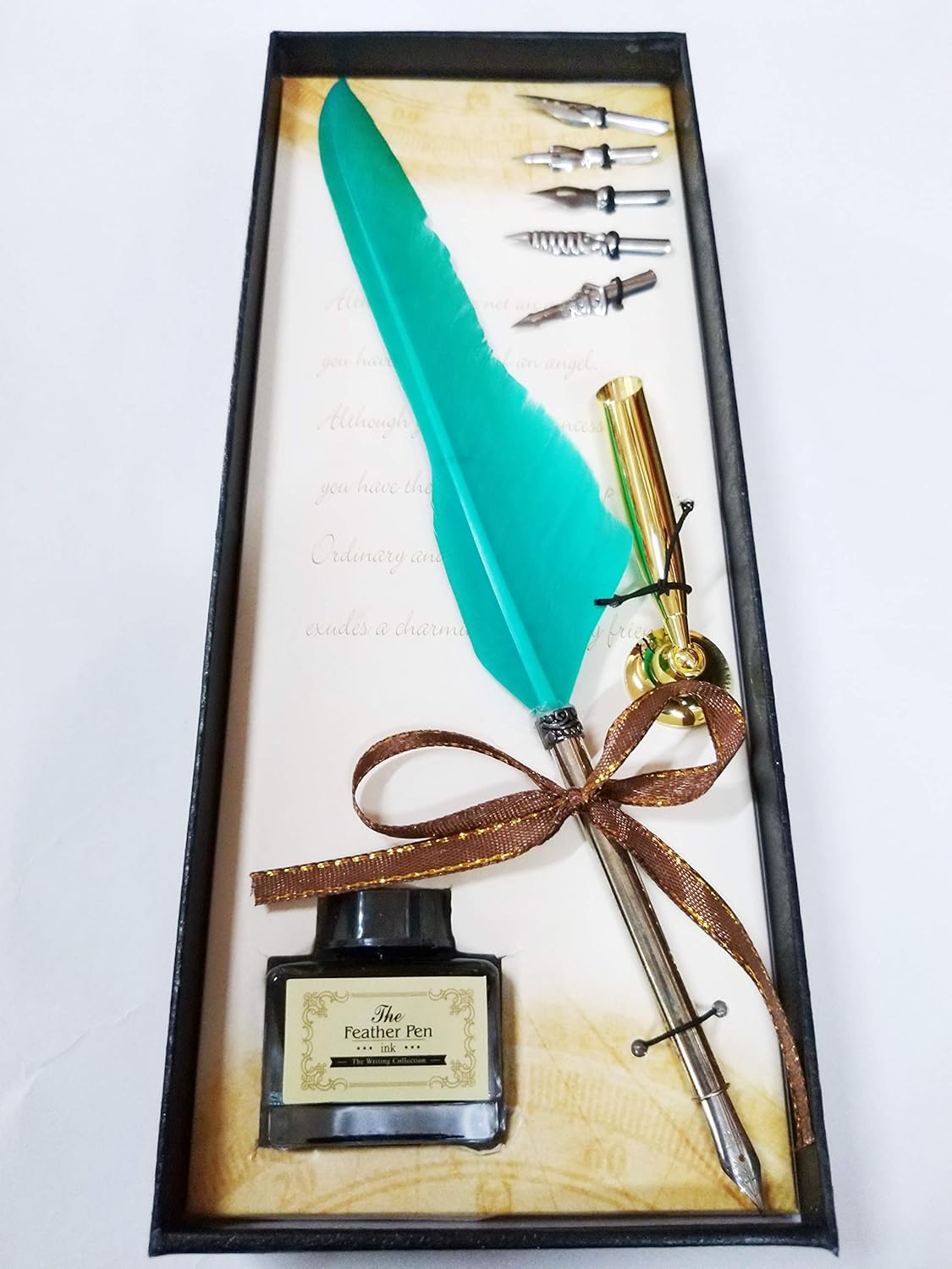 Calligraphy Feather Dip Quill Pen Writing Ink Set – Antique Feather Pen with 5 Nibs, Ink Bottle & Pen Holder – Elegant Stationery Gift Box (Green / Violet / Black)
