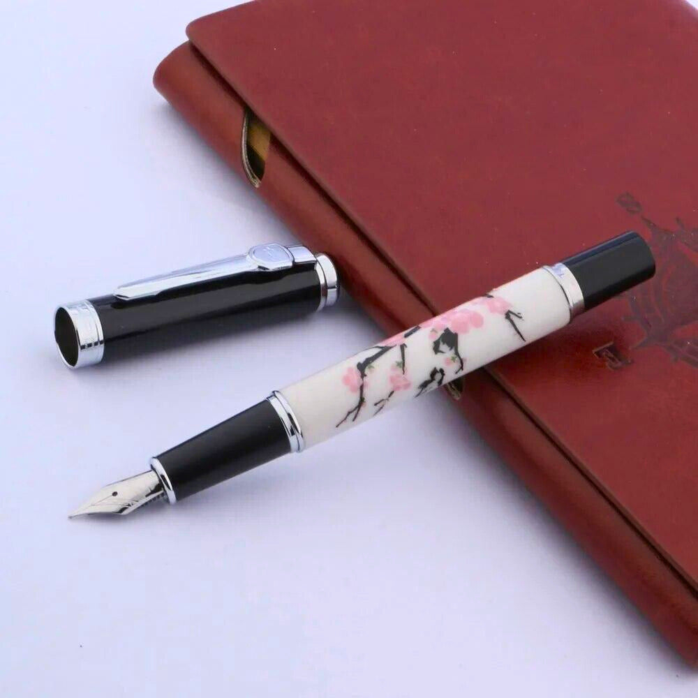 Jinhao 8802 Fountain Pen, Cherry Blossom Painting, Medium Nib, Elegant Writing Pen