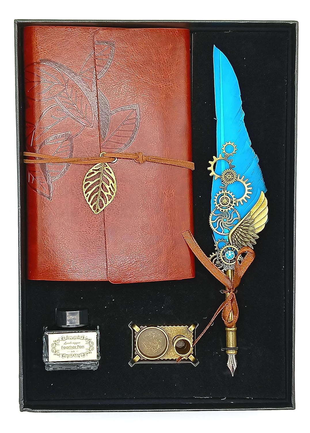 Feather Pen Ink Set – Quill Dip Pen with Leather Notebook, Ink Bottle & Pen Holder, Antique Calligraphy Stationery Gift (Sky Blue / Green)