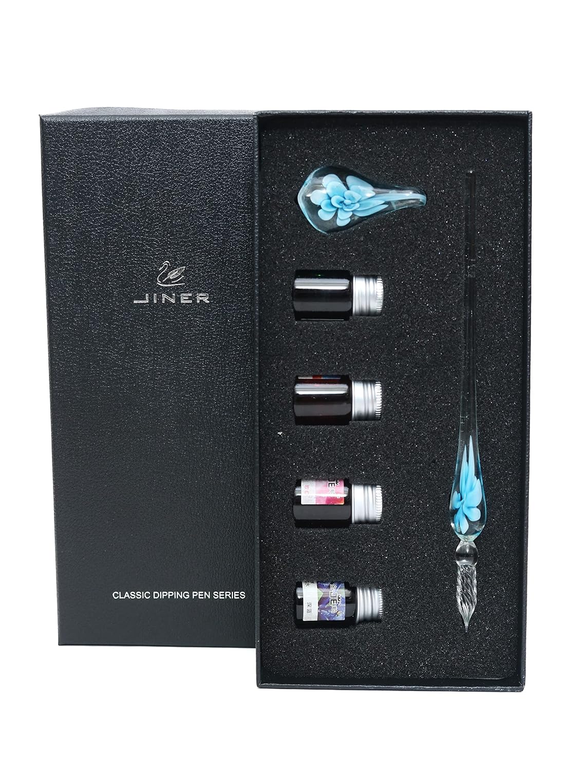 Glass Dip Pen Set – Multicolor Flower Design Glass Pen with 4 Mini Ink Bottle, Pen Holder With Flower Design & Gift Box
