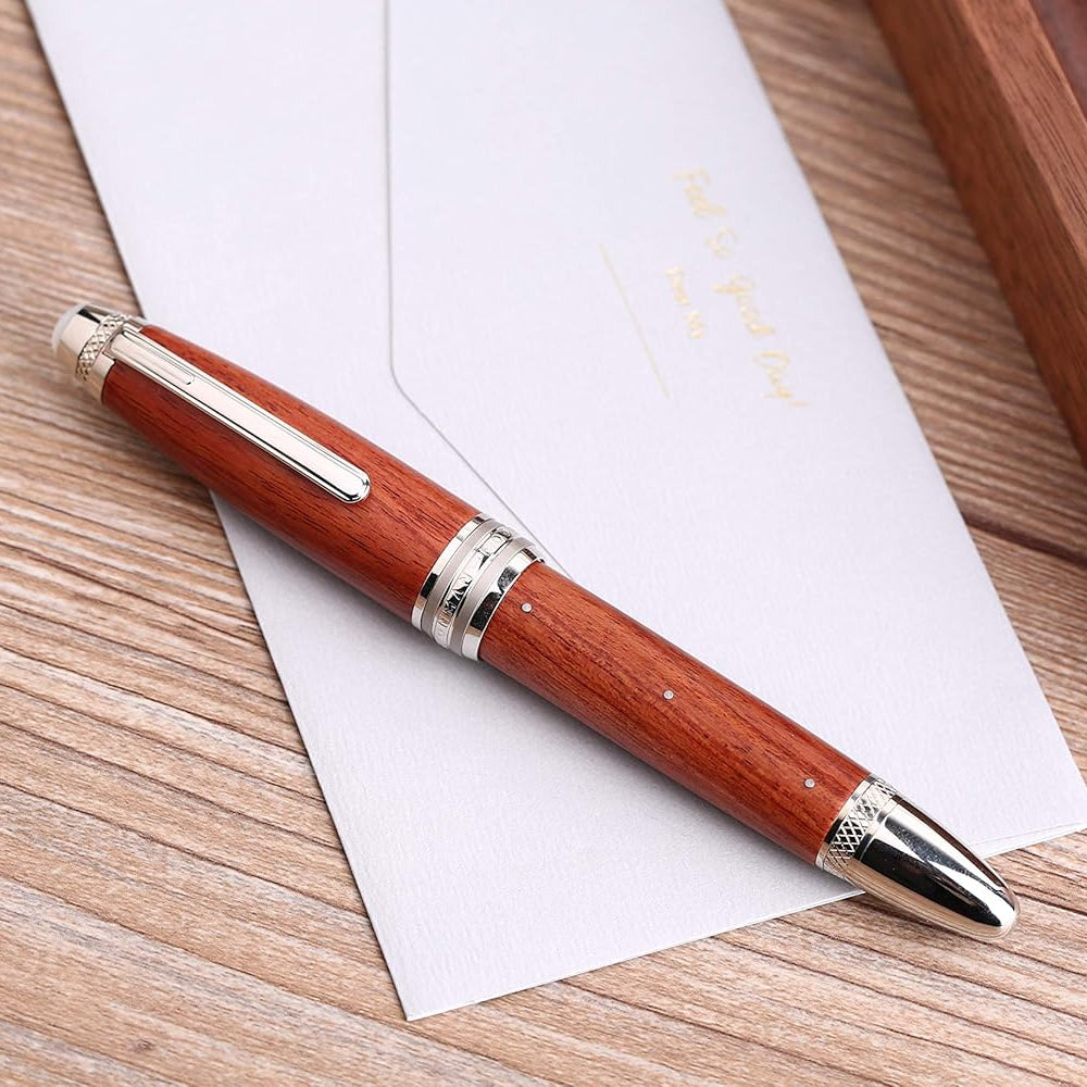 Moonman M1000 Handmade Rosewood Fountain Pen with Fine Bock Nib & Rivet Pearl Cap Top – Luxury Wooden Fountain Pen