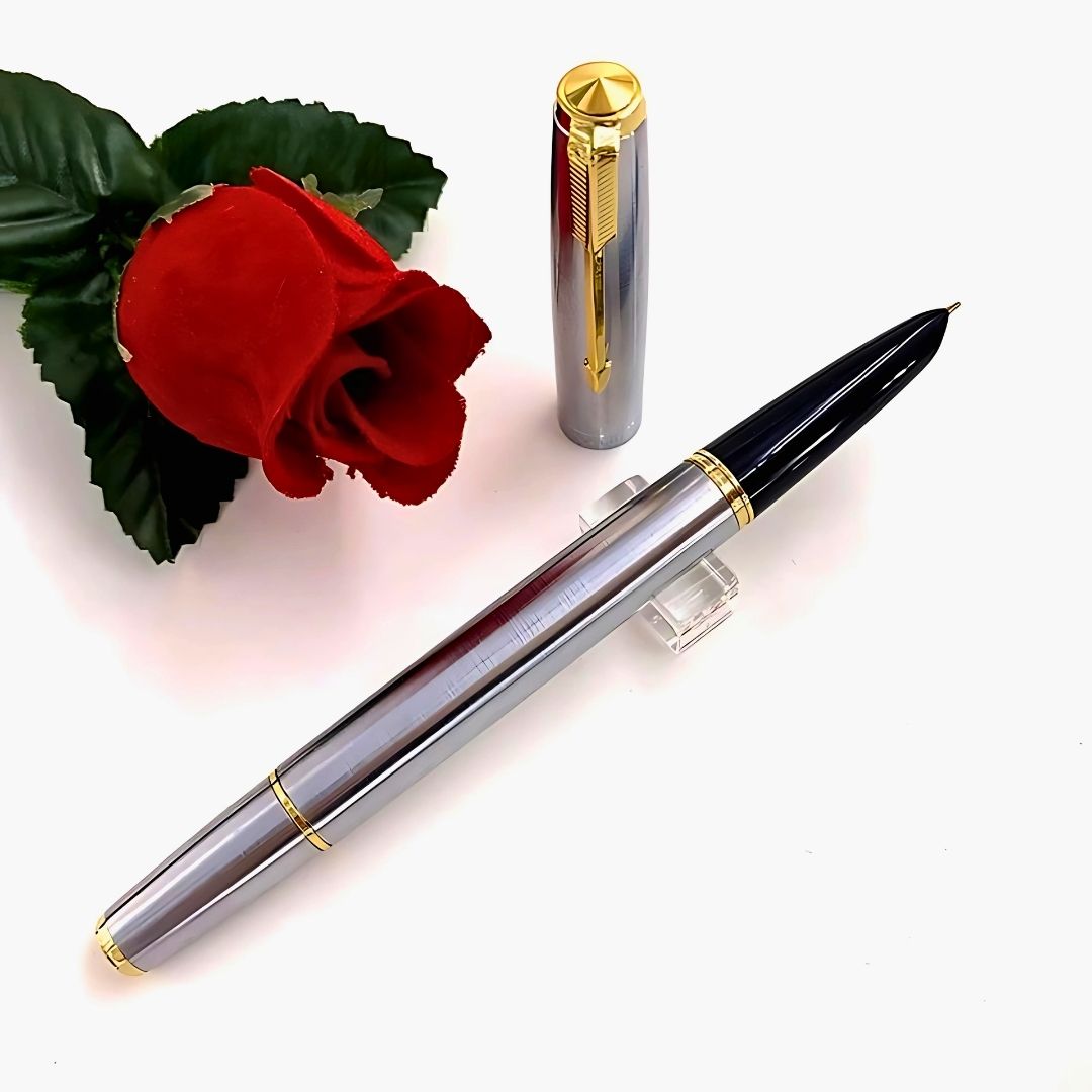 Wing Sung 601 Steel Fountain Pen – 0.5mm Fine Nib, Vacumatic Filling System, Push Cap, Gold Clip – Includes Converter & Box (No Ink)