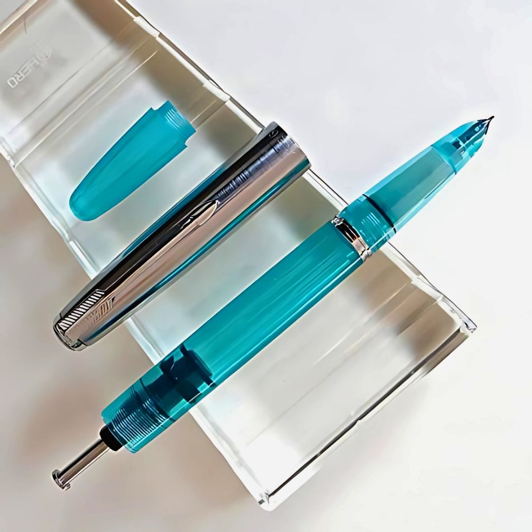 Wing Sung 601 Transparent Blue Vacumatic Fountain Pen – 0.5mm Fine Nib, Resin Body, Steel Cap, Push-Cap with Converter & Box (No Ink)