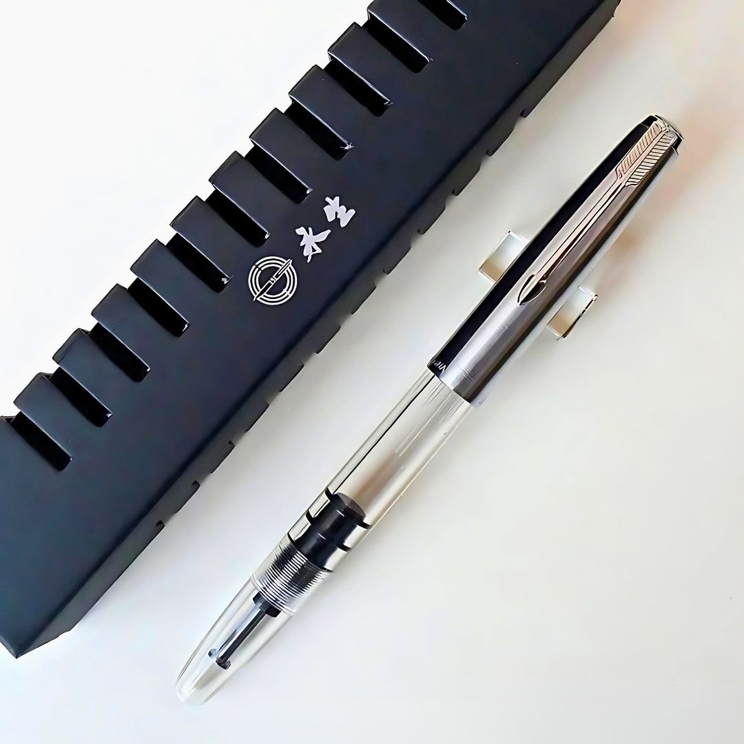 Wing Sung 601 Transparent Vacumatic Fountain Pen – 0.38mm Extra Fine Nib, Resin Body, Steel Cap, Push-Cap with Converter & Box (No Ink)