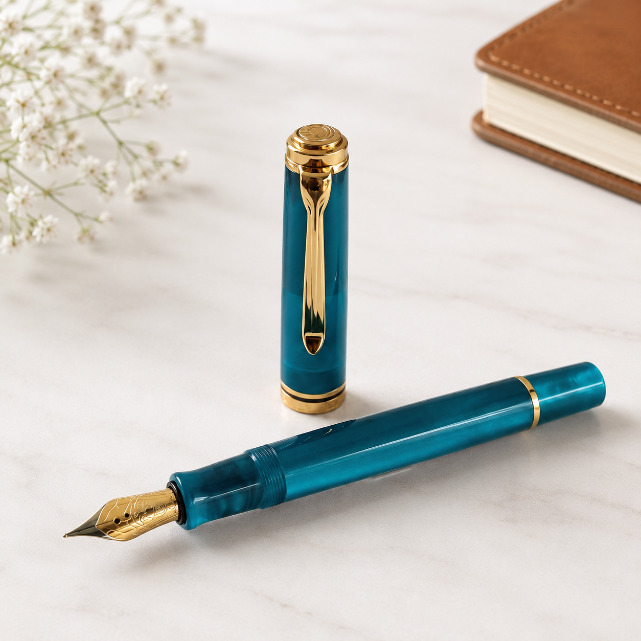 ADMOK M800 Piston Fountain Pen with #6 Nib, Teal Blue Body, Gold Trim with Smooth Nib