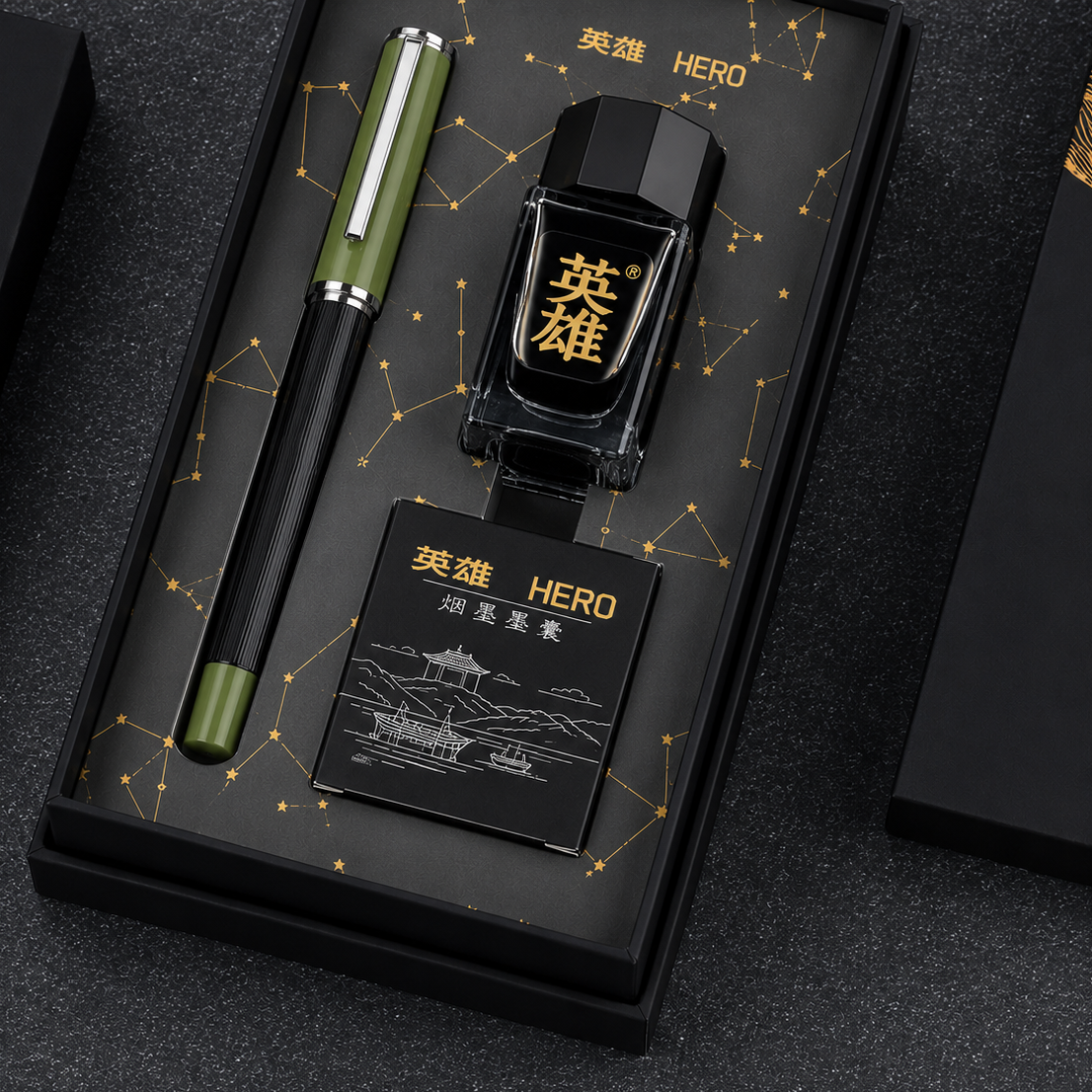 Hero 6192 Green Fountain Pen Gift Set – Fine Nib Writing Pen with Ink Bottle, Ink Cartridges, Converter & Premium Gift Box