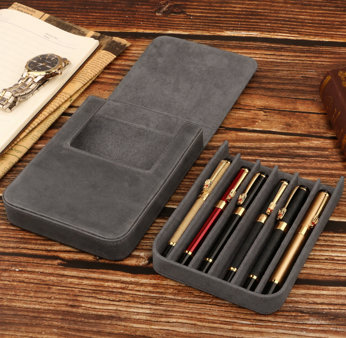 Vegan leather 6 Slots Pen Case with Removable Pen Tray – Dust-proof Storage & Protection Box