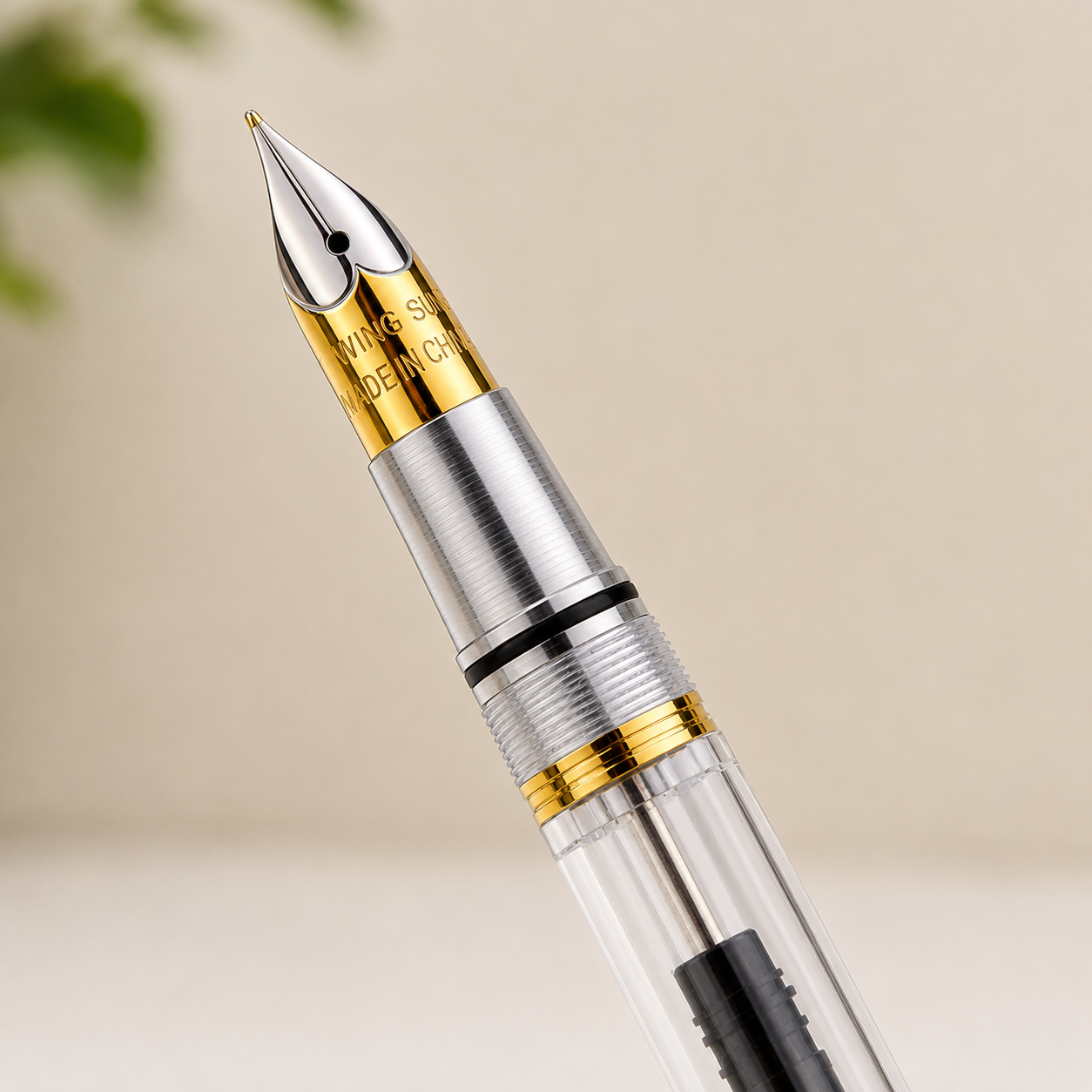 Wing Sung 601A Transparent Demonstrator Vacumatic Fountain Pen – Fine 0.5mm Nib, Resin Body with Steel Cap, Push-Type, Converter & Box