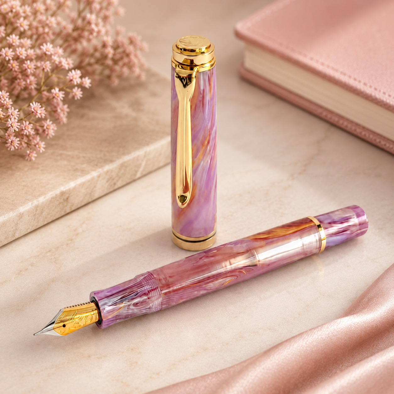 ADMOK M800 Acrylic Piston Fountain Pen with Fine #6 Nib, Purple Pink Pearl Marbled Resin Body, Gold Trim