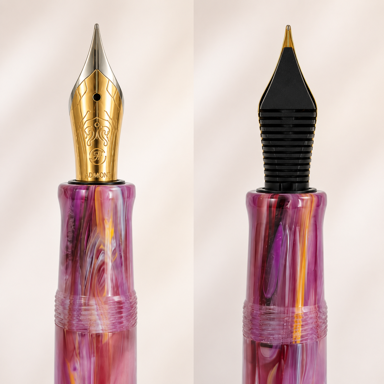 ADMOK M800 Acrylic Piston Fountain Pen with Fine #6 Nib, Purple Pink Pearl Marbled Resin Body, Gold Trim